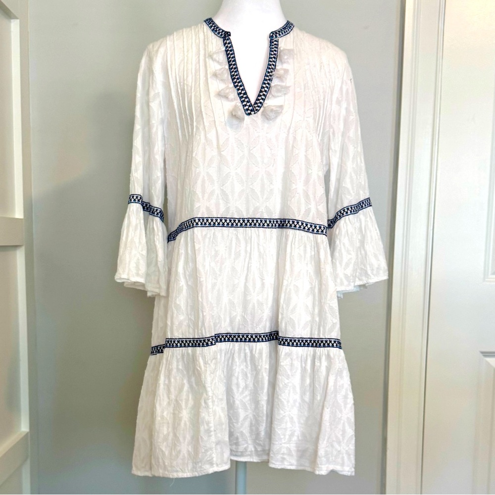 TOMMY BAHAMA Embroidered Tiered Cotton Cover-Up Dress in White Size X-Small